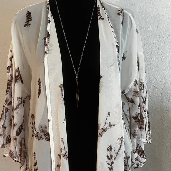 Silk Kimono Cover Up with Feather Necklace, One Size Fits All - Picture 3 of 3